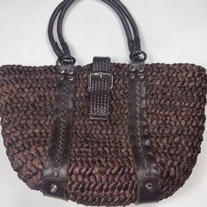 OVERSIZED WOVEN SHOULDER PURSE VINTAGE 100% STRAW BROWN WOMAN BAG